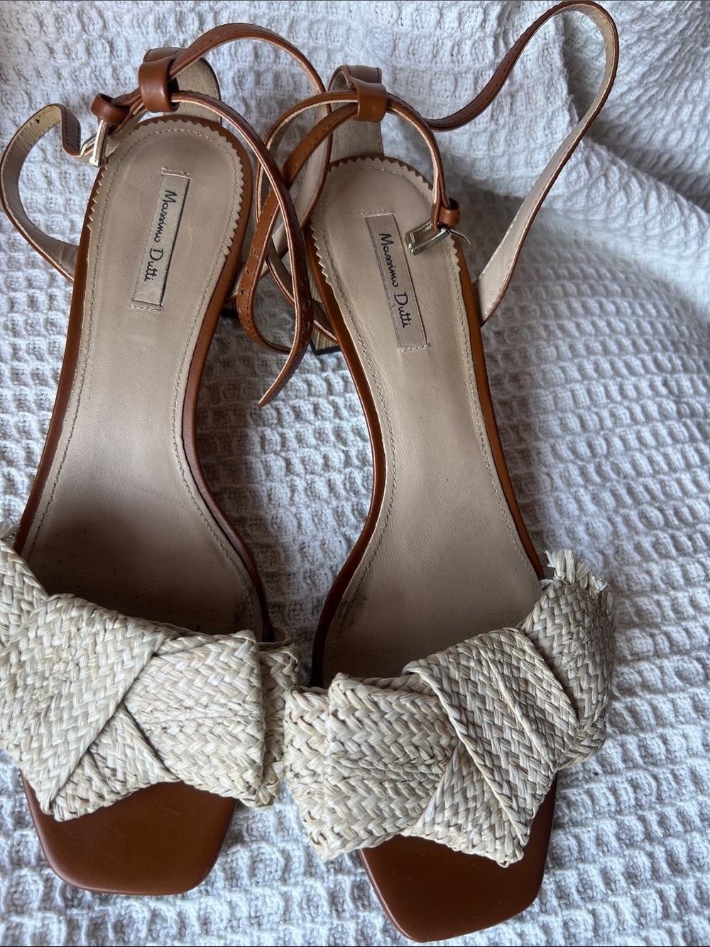 Massimo Dutti Cream Raffia Braided Front & Tan Leather Ankle-Strap Sandals